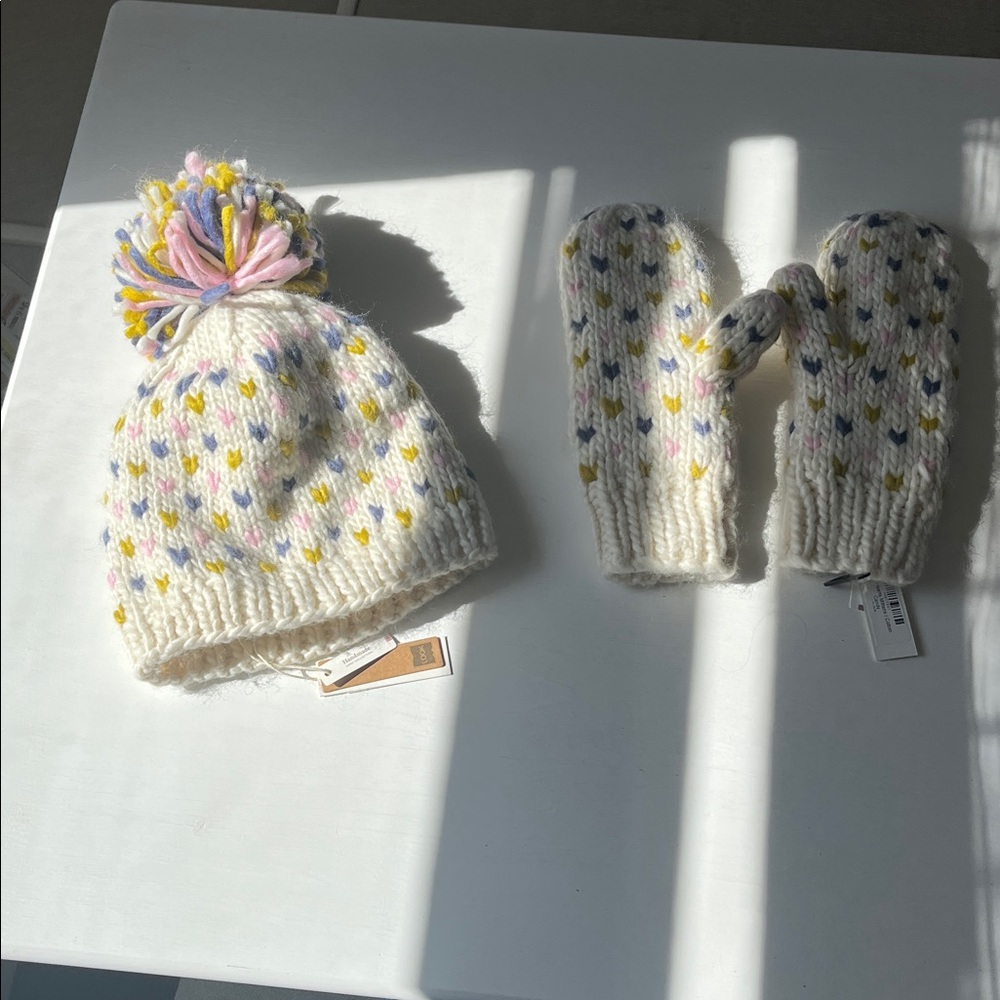 Colorful Knit Hat and Mittens Set